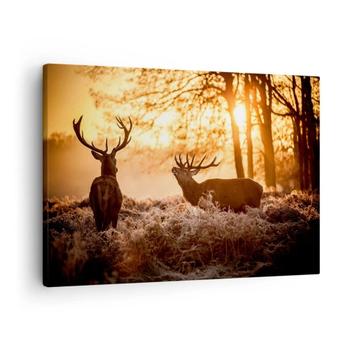 Canvastavla - Bild på duk - Två rådjur vid solnedgången i ett vinterlandskap - 70x50cm - Jägarens dröm - Modern väggdekoration för vardagsrum och sovrum ARTTOR