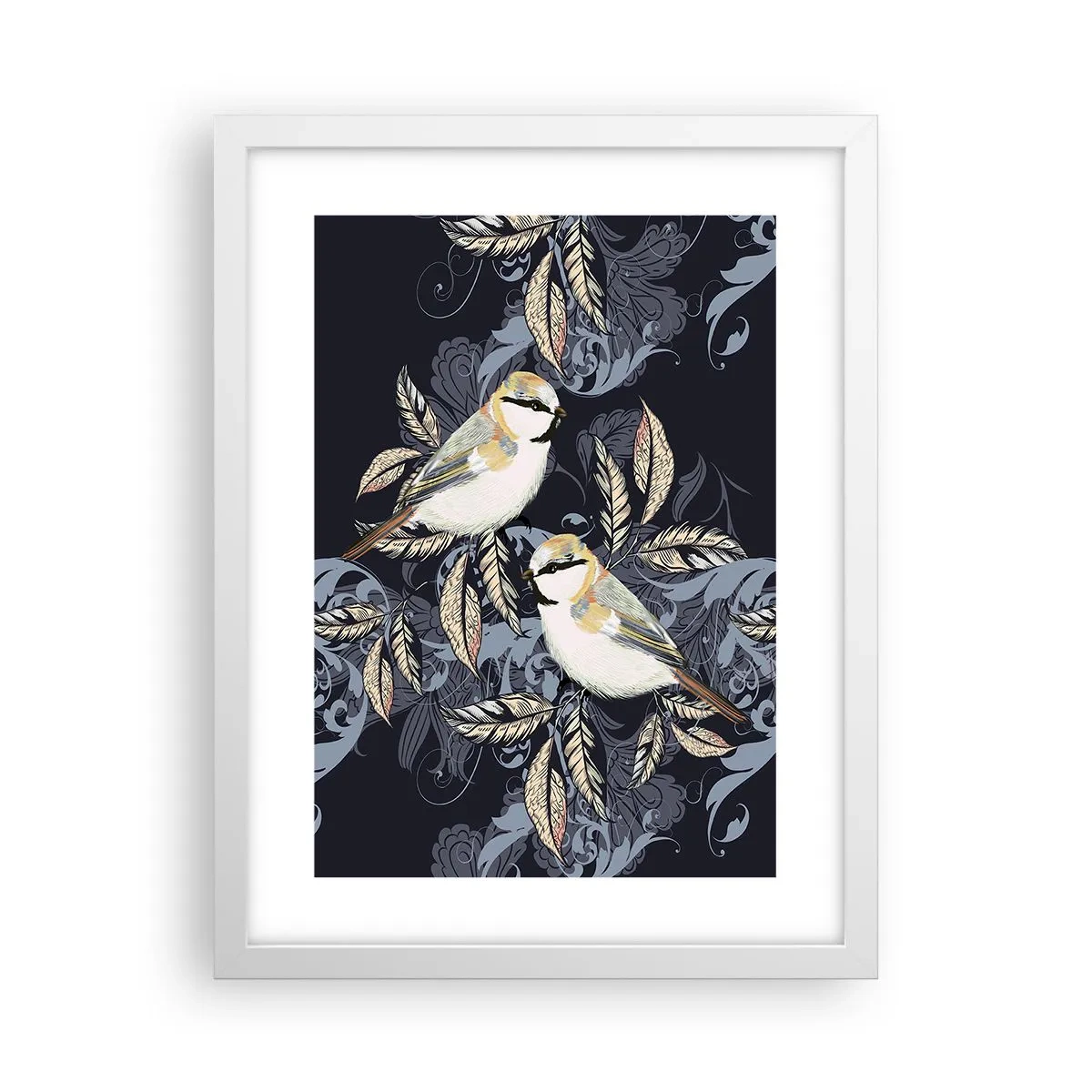 Affisch i vit ram - Gul-grå fågelsång - 30x40 cm