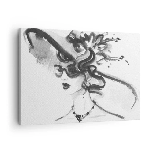 Canvastavla - Bild på duk - Elegant kvinna i hatt i svartvitt stil - 70x50cm - Dam med karaktär - Modern väggdekoration för vardagsrum och sovrum ARTTOR
