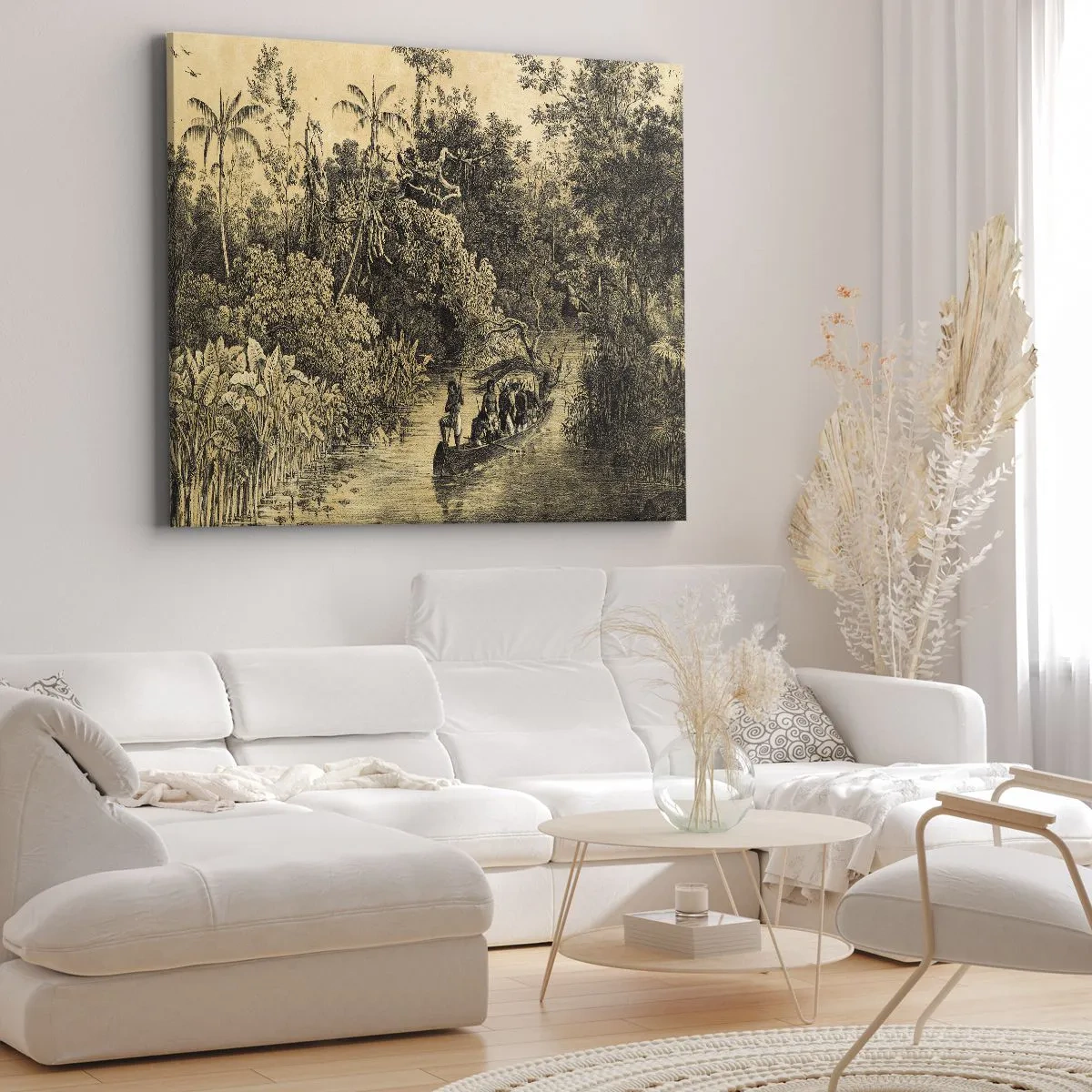 Canvastavla - Bild på duk - Ritning av en djungel med en båt på en flod - 70x50cm - Resa till källan - Modern väggdekoration för vardagsrum och sovrum ARTTOR