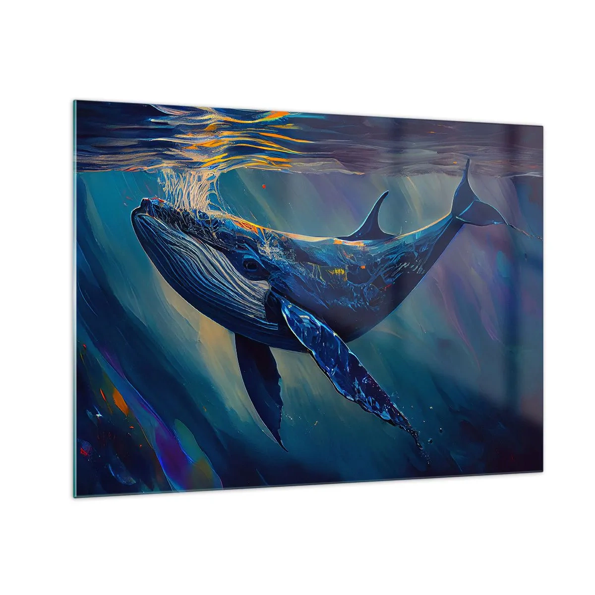 Glastavla - Bild på glas - En val som flyter under vattnet i solljuset - 70x50cm - Välkommen till min värld - Modern väggdekoration för vardagsrum och sovrum ARTTOR