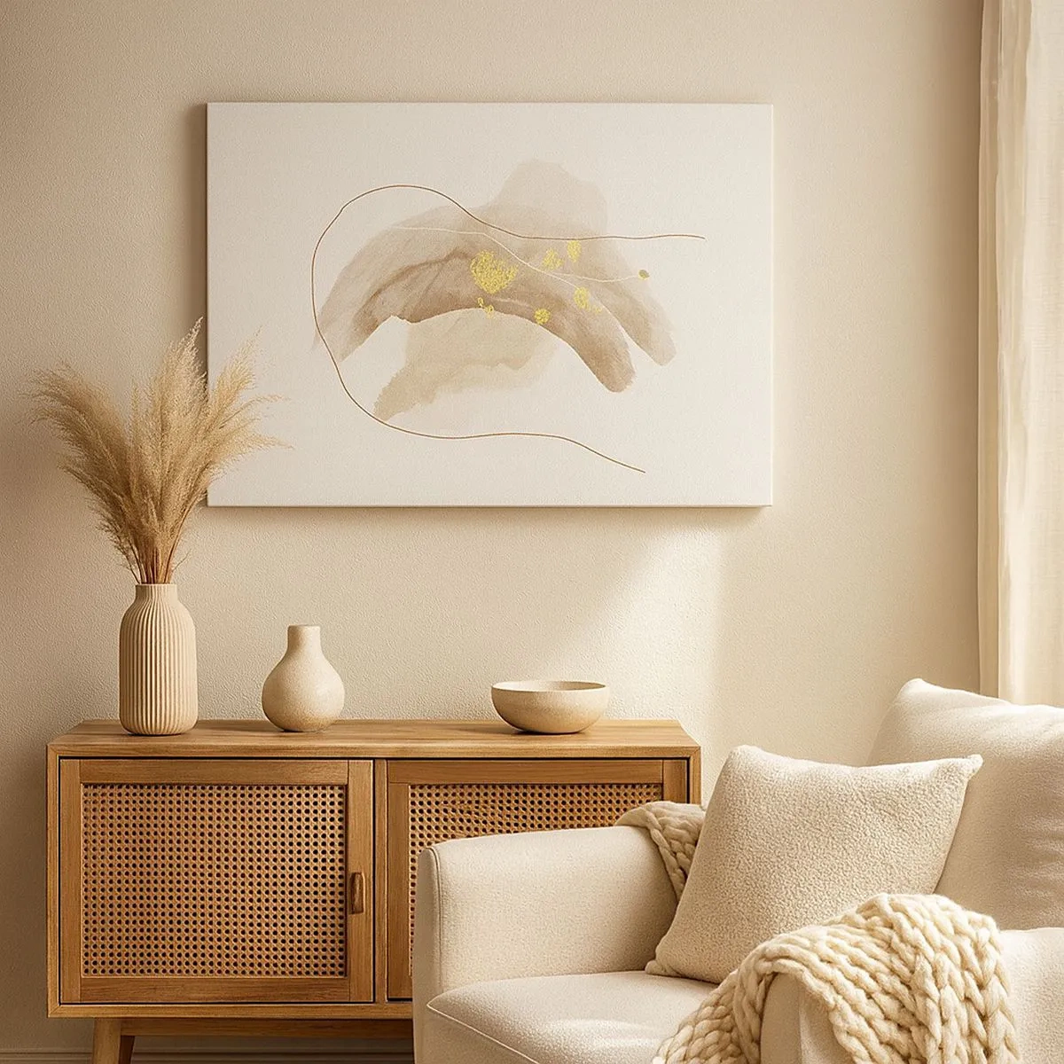 Canvastavla - Bild på duk - En abstrakt komposition i nyanser av beige och guld. - 70x50cm - Träffat i rummet - Modern väggdekoration för vardagsrum och sovrum ARTTOR