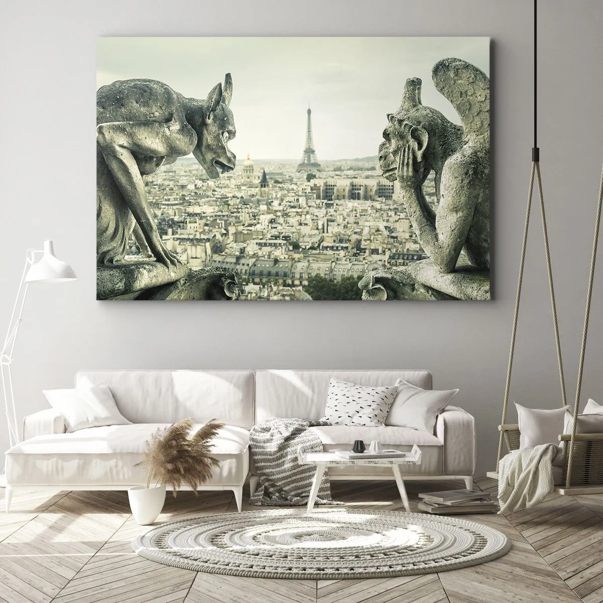 Canvastavla - Bild på duk - Gargoyler med utsikt över Paris silhuett och Eiffeltornet - 70x50cm - Ett samtal i Paris - Modern väggdekoration för vardagsrum och sovrum ARTTOR
