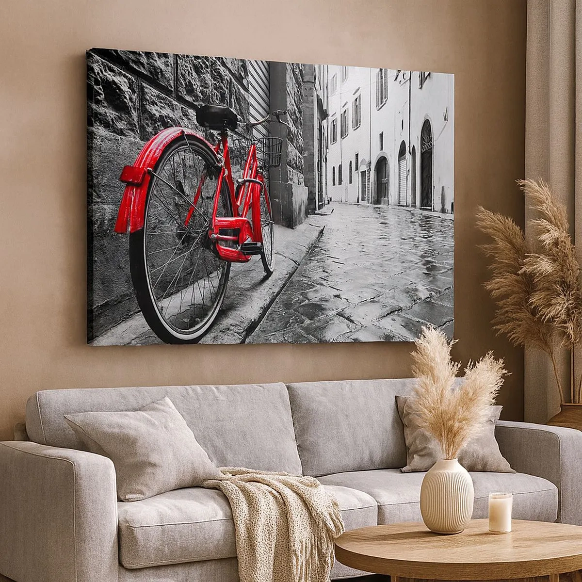Canvastavla - Bild på duk - Röd cykel på en svartvit gata - 70x50cm - Den riktiga skönheten åldras inte - Modern väggdekoration för vardagsrum och sovrum ARTTOR