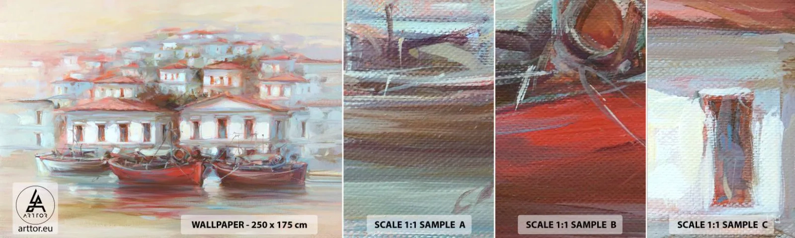 Provbit av självhäftande fototapet Deluxe Sticker - Lycklig stad - Arkitektur, Segelbåt, hamn - 100x30 cm