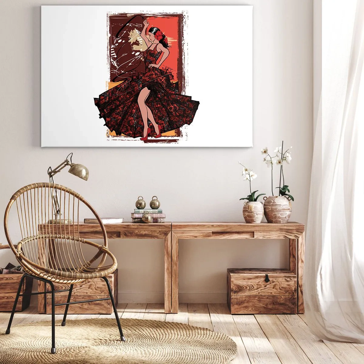 Canvastavla - Bild på duk - En dansare i en röd och svart klänning mot en konstnärlig bakgrund - 70x50cm - I hjärtats takt - Modern väggdekoration för vardagsrum och sovrum ARTTOR