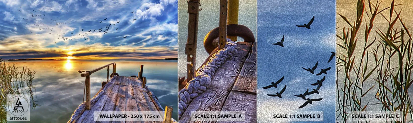 Provbit av fototapet Premium Sand - Vinden lägger sig - Landskap, Sjö, Träbro - 100x30 cm