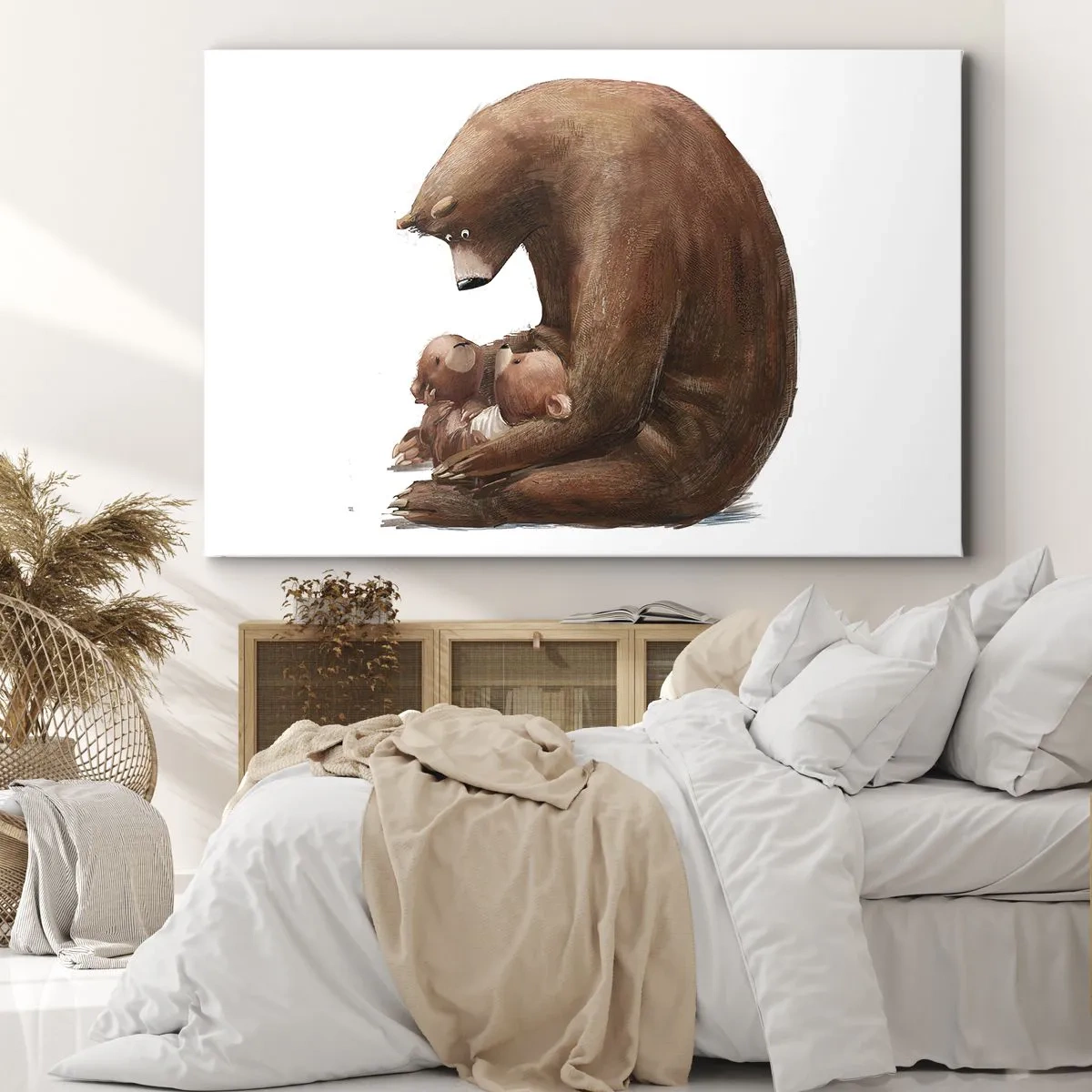Canvastavla - Bild på duk - En björnmamma med två små björnar i famnen - 70x50cm - Söta drömmar, barn - Modern väggdekoration för vardagsrum och sovrum ARTTOR