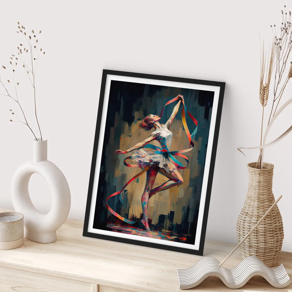 Affisch i svart ram - En dansare i en dynamisk pose med färgglada band. - 50x70cm - Dans med ett band - Modern väggdekoration för vardagsrum och sovrum ARTTOR