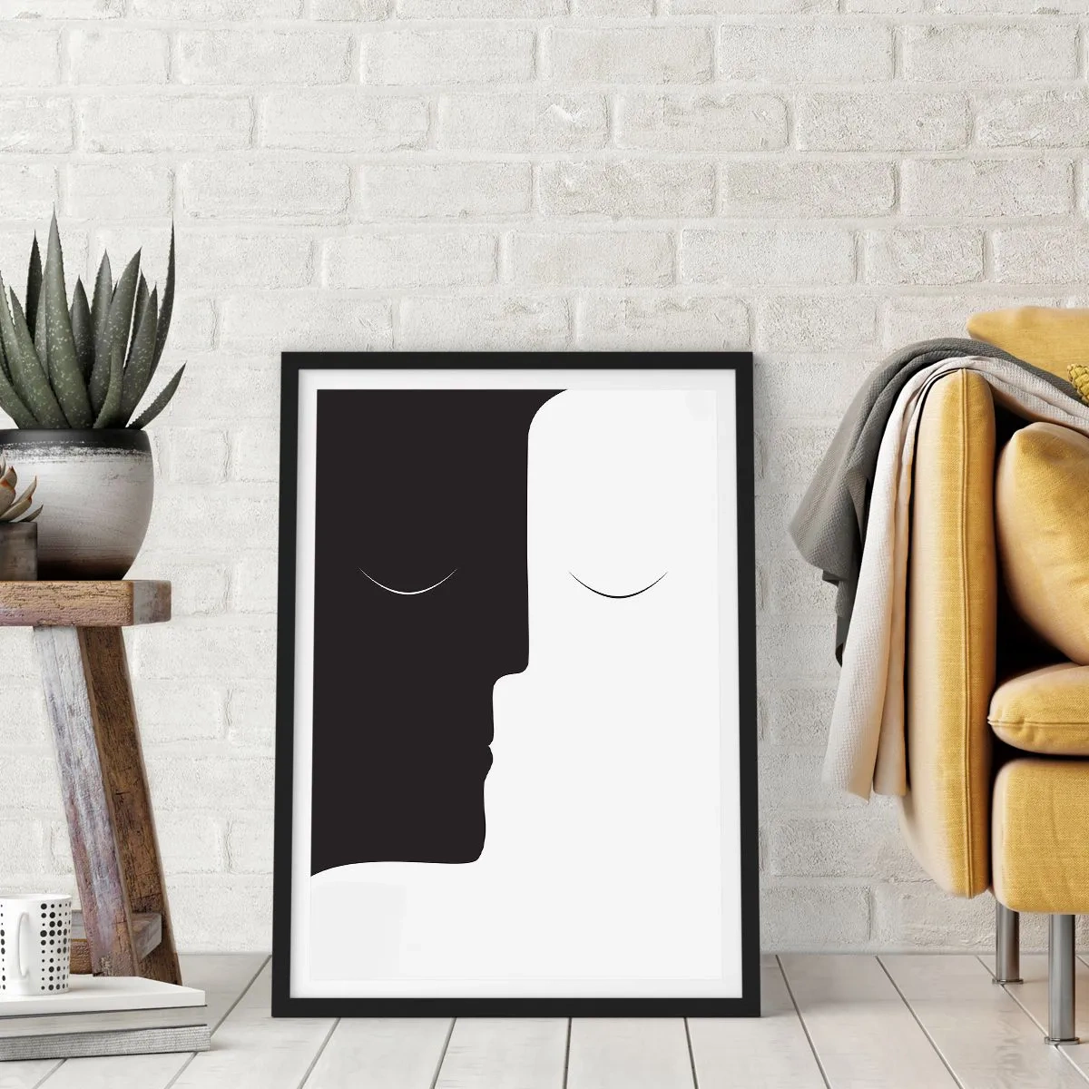 Affisch i svart ram - En minimalistisk grafik med två ansikten i svartvitt som skapar en enhet. - 50x70cm - Motsatsernas enhet - Modern väggdekoration för vardagsrum och sovrum ARTTOR