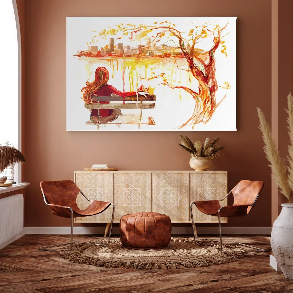 Canvastavla - Bild på duk - Akvarellmotiv av en kvinna på en bänk med utsikt över staden - 70x50cm - En stund för eftertanke - Modern väggdekoration för vardagsrum och sovrum ARTTOR