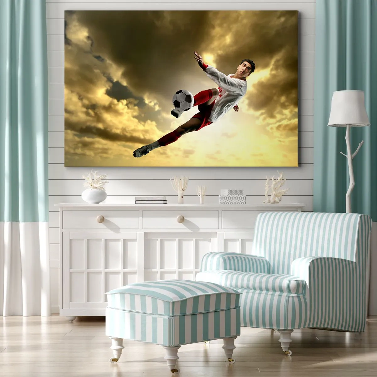 Canvastavla - Bild på duk - En fotbollsspelare i ett dynamiskt hopp som sparkar bollen mot himlen - 70x50cm - Fotbollshimmel - Modern väggdekoration för vardagsrum och sovrum ARTTOR