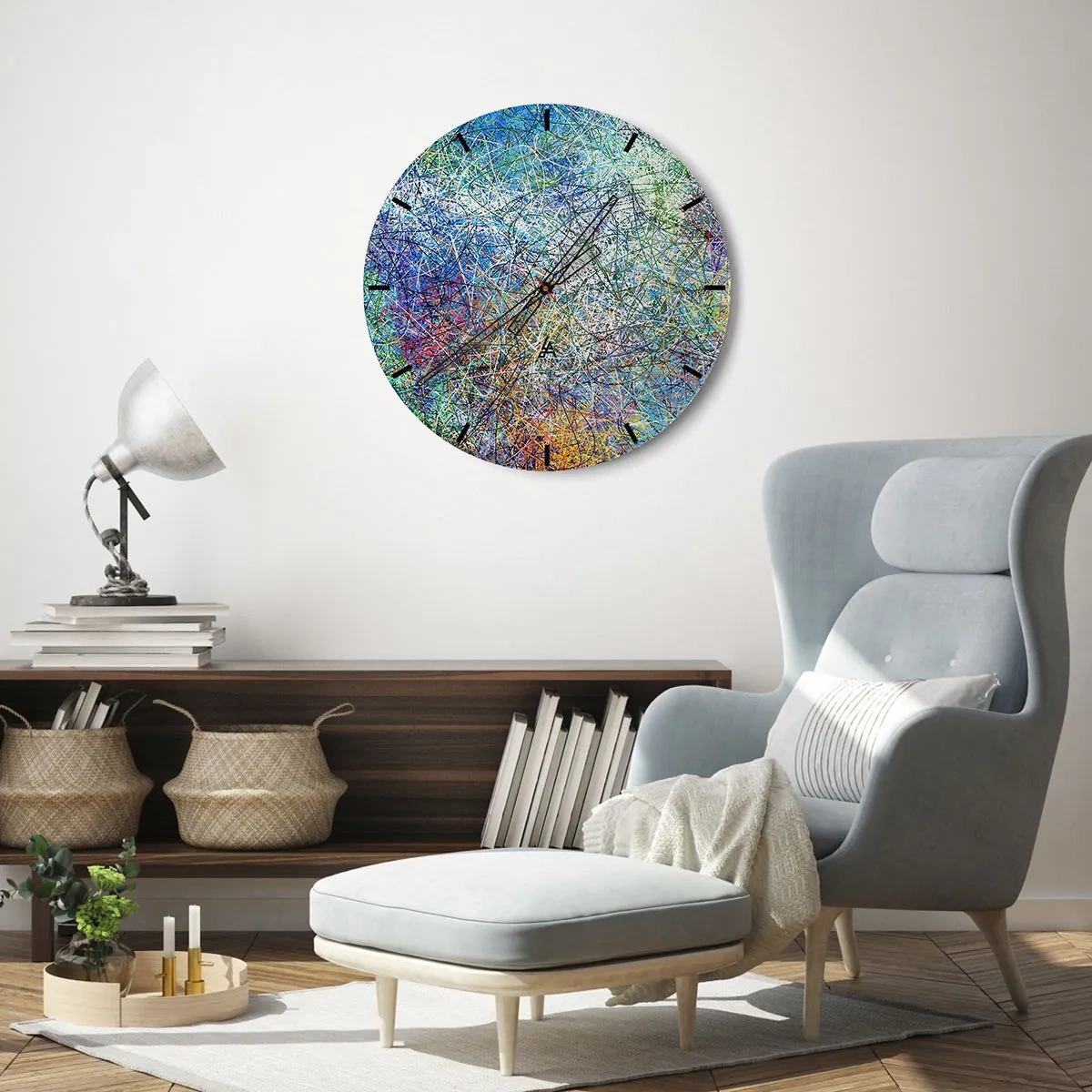 Väggklocka - Klocka på glas - Ett abstrakt, färgstarkt motiv med kaotiska linjer och fläckar. - 30x30cm - Det är inte så enkelt - Modern väggdekoration för vardagsrum, kök och sovrum ARTTOR