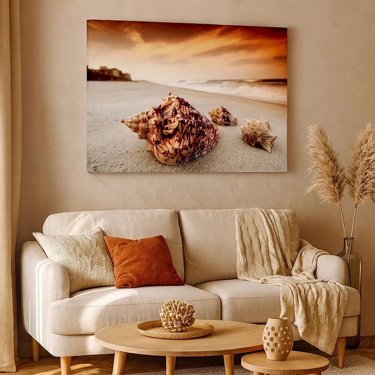 Canvastavla - Bild på duk - Snäckor på stranden vid solnedgången - 70x50cm - Vågböjare - Modern väggdekoration för vardagsrum och sovrum ARTTOR