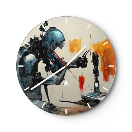 Väggklocka - Klocka på glas - Humanoid robot som monterar en protes - 30x30cm - Kommer i morgon... - Modern väggdekoration för vardagsrum, kök och sovrum ARTTOR
