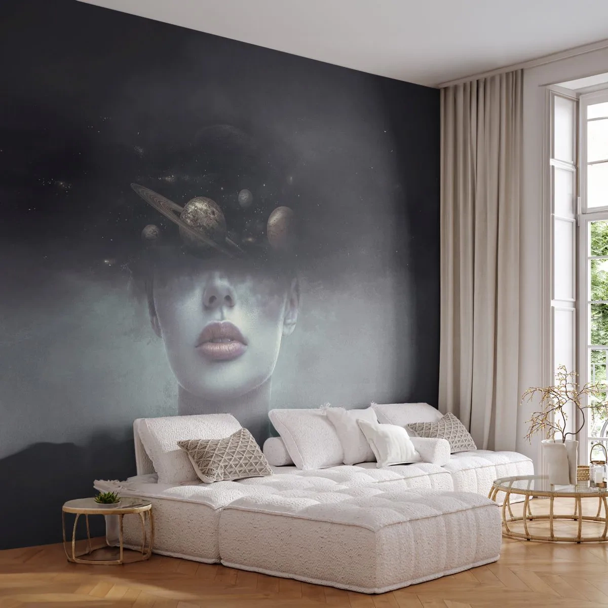 Självhäftande Fototapet Deluxe Sticker - Och planeterna blir galna... - Abstraktion, Kvinnans ansikte, Kosmos - 250x175 cm