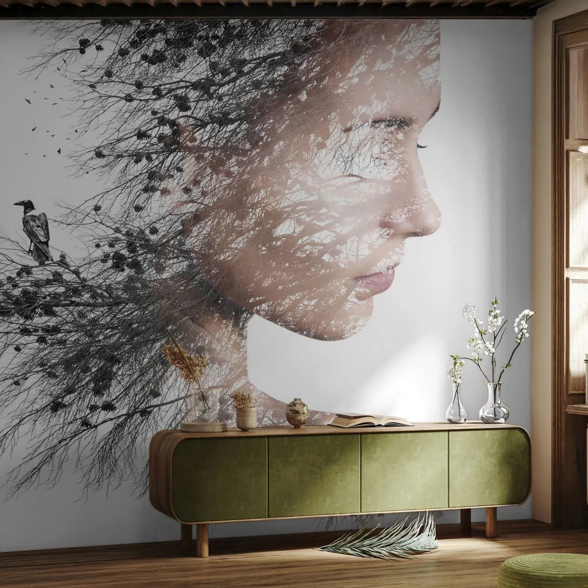 Fototapet Premium Canvas - Skogens ande - Abstraktion, Kvinnans ansikte, Träd - 150x105 cm