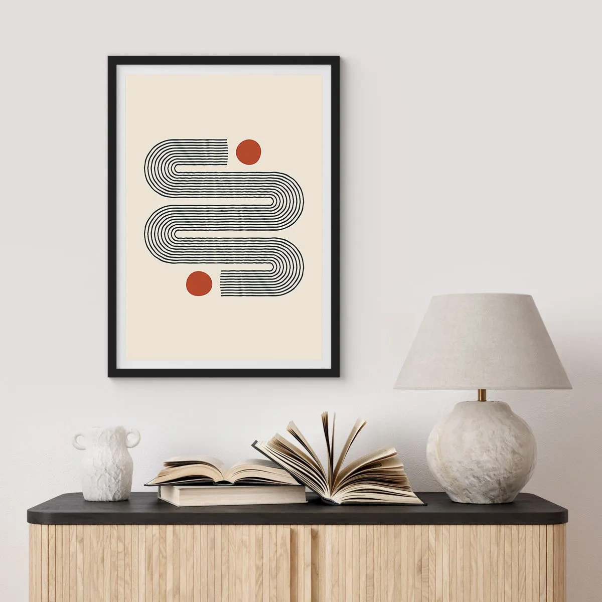 Affisch i svart ram - Geometriskt mönster med linjer och röda cirklar - 50x70cm - från början till slutet - Modern väggdekoration för vardagsrum och sovrum ARTTOR