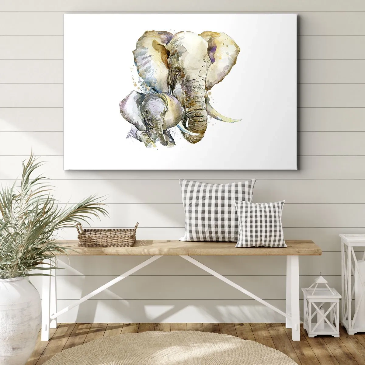 Canvastavla - Bild på duk - Akvarell elefanter i subtila färger - 70x50cm - Alltid bäst hos mamma - Modern väggdekoration för vardagsrum och sovrum ARTTOR