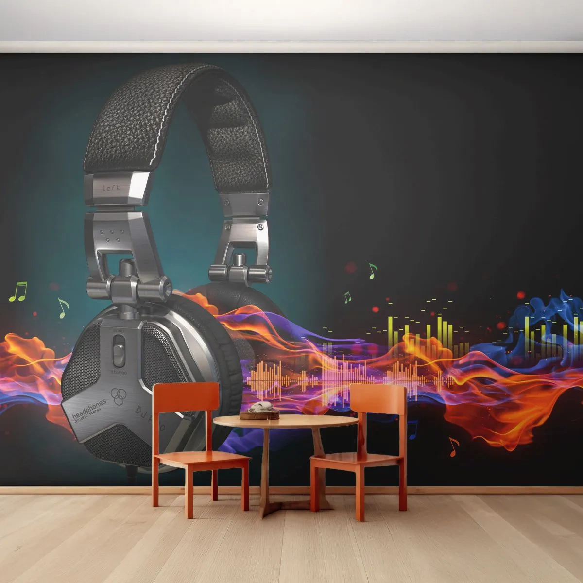 Självhäftande Fototapet Deluxe Sticker - I musikens eld - Abstraktion, musik, Hörlurar - 250x175 cm