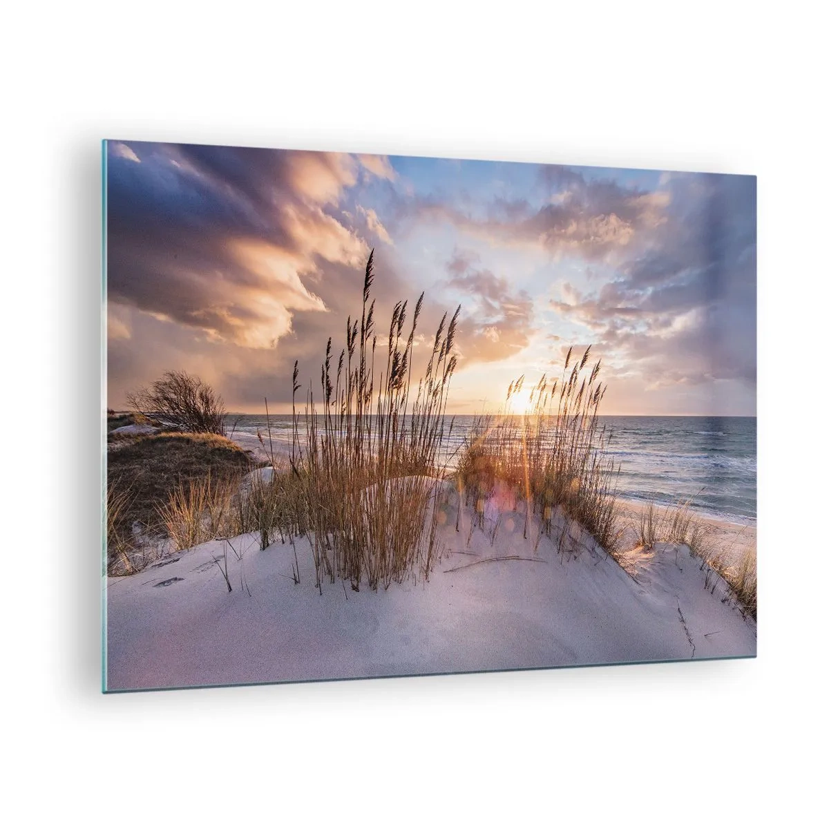 Glastavla - Bild på glas - Solnedgång över havet sedd genom strandgräset - 70x50cm - Farväl till solen och vinden - Modern väggdekoration för vardagsrum och sovrum ARTTOR