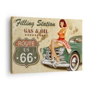 Canvastavla - Bild på duk - Retro Route 66-affisch med pinuppa och bil - 70x50cm - Underbara 40-talet - Modern väggdekoration för vardagsrum och sovrum ARTTOR