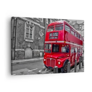 Canvastavla - Bild på duk - En röd dubbeldäckarbuss i London mot en bakgrund av klassisk arkitektur - 70x50cm - Alltid samma - Modern väggdekoration för vardagsrum och sovrum ARTTOR
