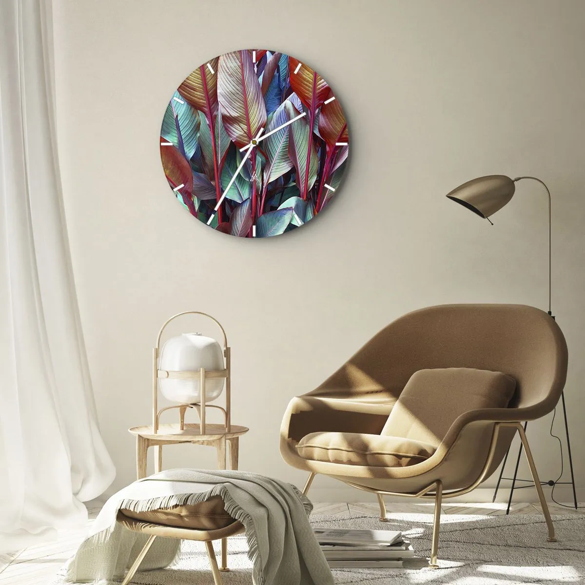 Väggklocka - Klocka på glas - Färgglada blad av tropiska växter - 30x30cm - En färgglad tätskog - Modern väggdekoration för vardagsrum, kök och sovrum ARTTOR