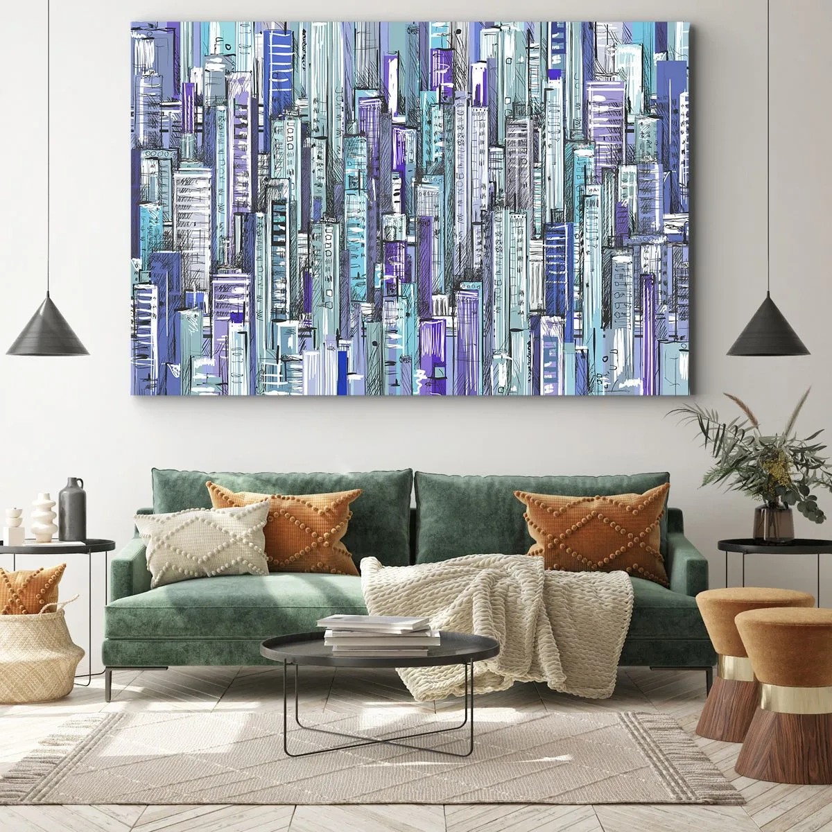 Canvastavla - Bild på duk - Illustration av en stad med geometriska byggnader i nyanser av blått och lila. - 70x50cm - Blått från himlen - Modern väggdekoration för vardagsrum och sovrum ARTTOR