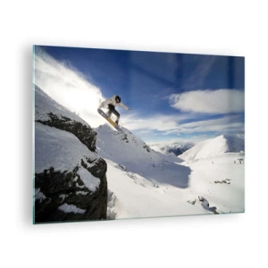 Glastavla - Bild på glas - En snowboardåkare som hoppar från en klippa i bergen på vintern - 70x50cm - Frihet utan gränserna - Modern väggdekoration för vardagsrum och sovrum ARTTOR