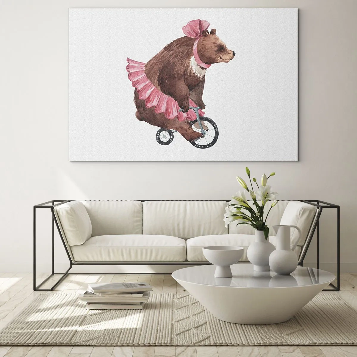 Glastavla - Bild på glas - En björn i rosa kjol på en enhjuling - 70x50cm - Vilken cirkus! - Modern väggdekoration för vardagsrum och sovrum ARTTOR