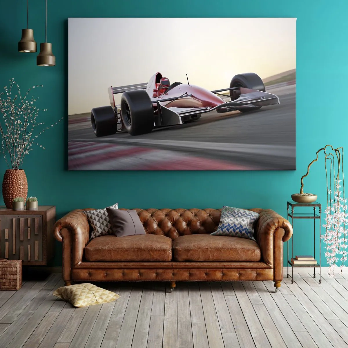 Canvastavla - Bild på duk - En röd Formel 1-bil på en racerbana under körning - 70x50cm - Alltid vinnare - Modern väggdekoration för vardagsrum och sovrum ARTTOR