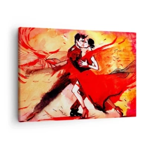 Canvastavla - Bild på duk - Ett par som dansar tango i röda toner mot en dynamisk bakgrund. - 70x50cm - Passionens lila rytm - Modern väggdekoration för vardagsrum och sovrum ARTTOR