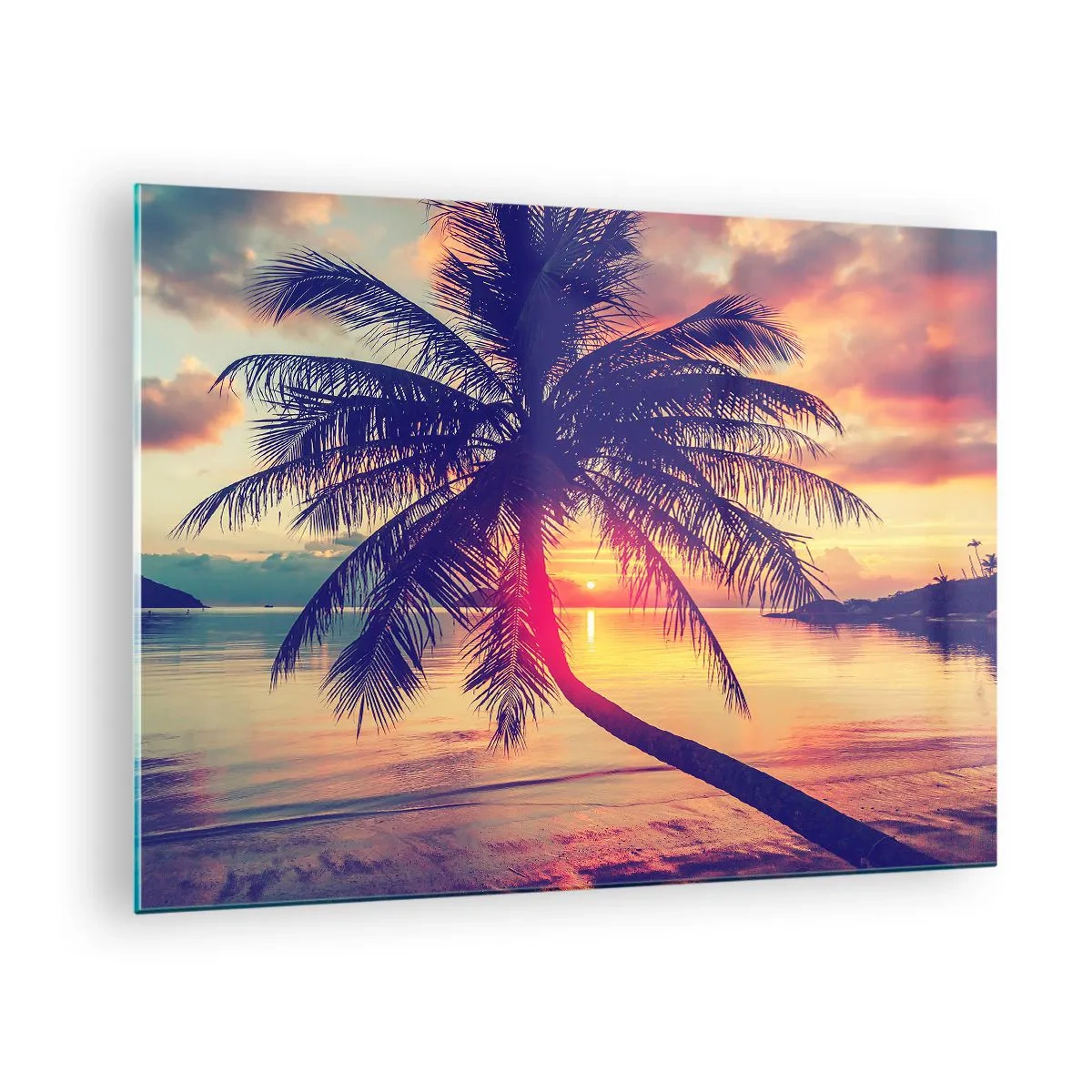 Glastavla - Bild på glas - Palmträd vid solnedgången över ett lugnt hav - 70x50cm - Kväll under palmerna - Modern väggdekoration för vardagsrum och sovrum ARTTOR
