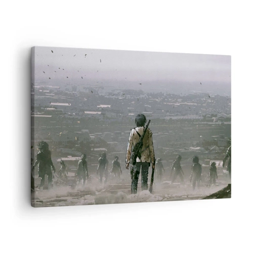 Canvastavla - Bild på duk - En figur med en pistol står framför en grupp i ett dystopiskt landskap. - 70x50cm - Den siste rättvise? - Modern väggdekoration för vardagsrum och sovrum ARTTOR