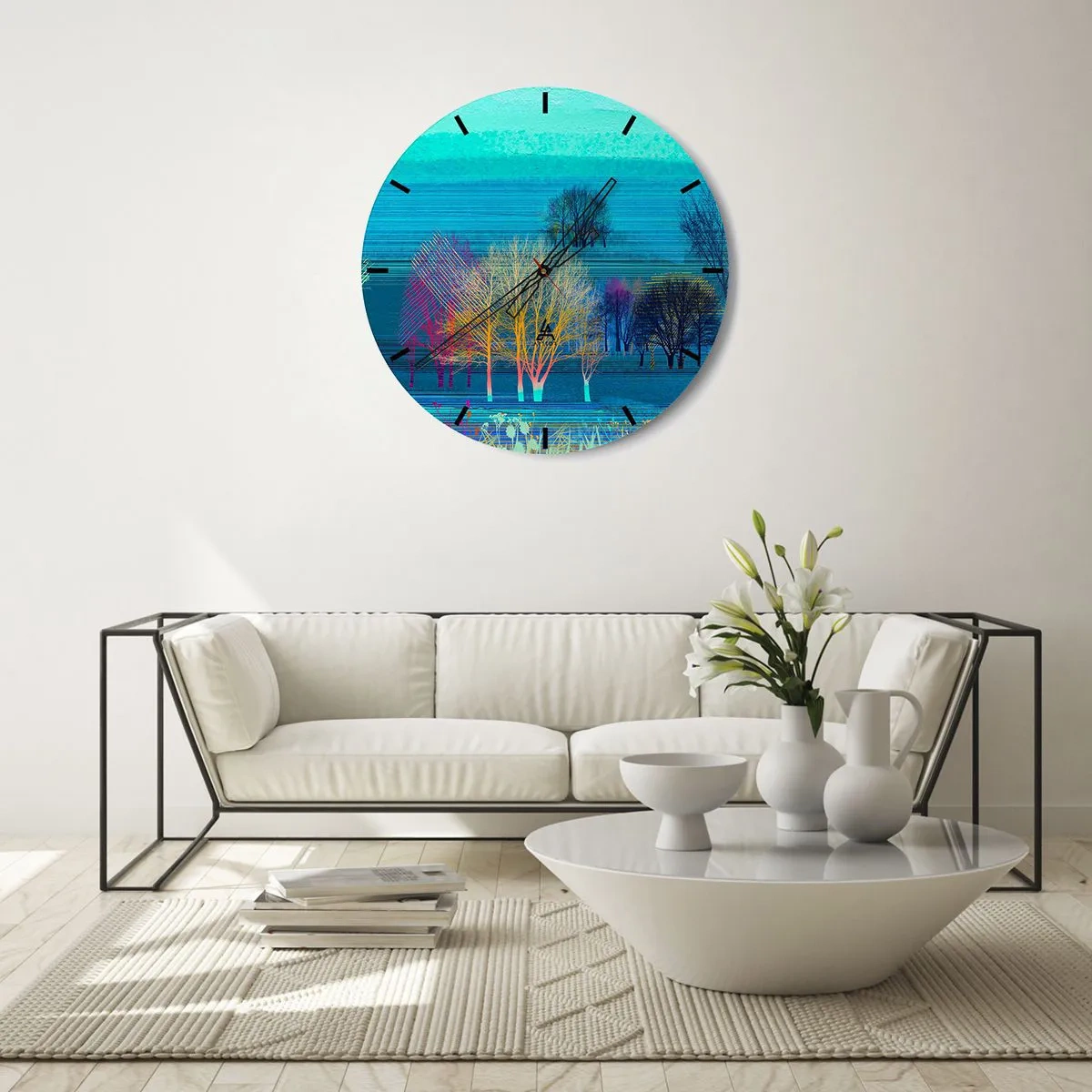 Väggklocka - Klocka på glas - Färgglada träd mot en abstrakt landskapsbakgrund - 30x30cm - Finkammat landskap - Modern väggdekoration för vardagsrum, kök och sovrum ARTTOR