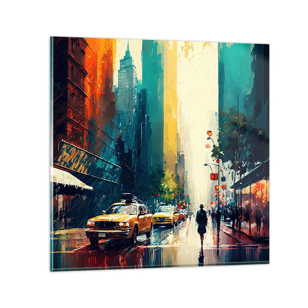 Glastavla - Bild på glas - New York - här är till och med regnet färgstarkt - 60x60 cm