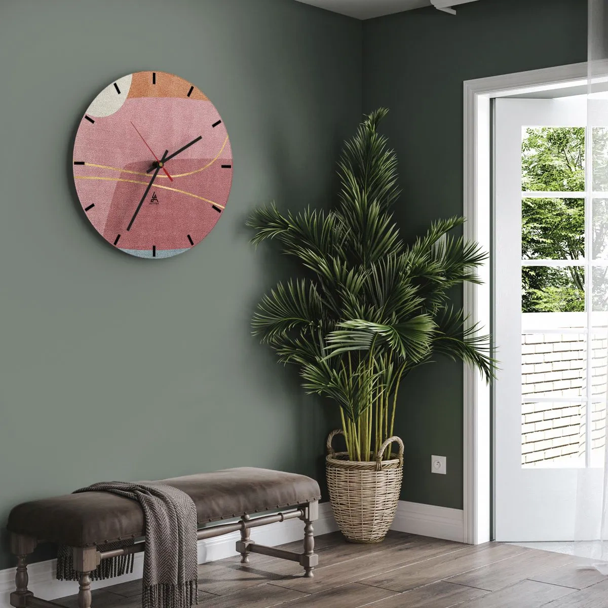 Väggklocka - Klocka på glas - Pastellkomposition med guldtråd - 40x40 cm