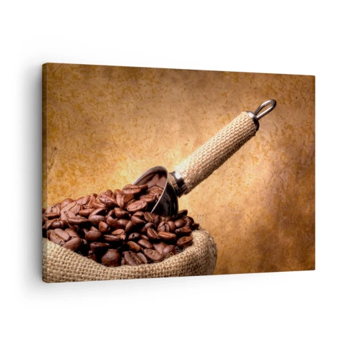 Canvastavla - Bild på duk - Kaffebönor i en jutepåse med en metallsked - 70x50cm - I smakens källor - Modern väggdekoration för vardagsrum och sovrum ARTTOR