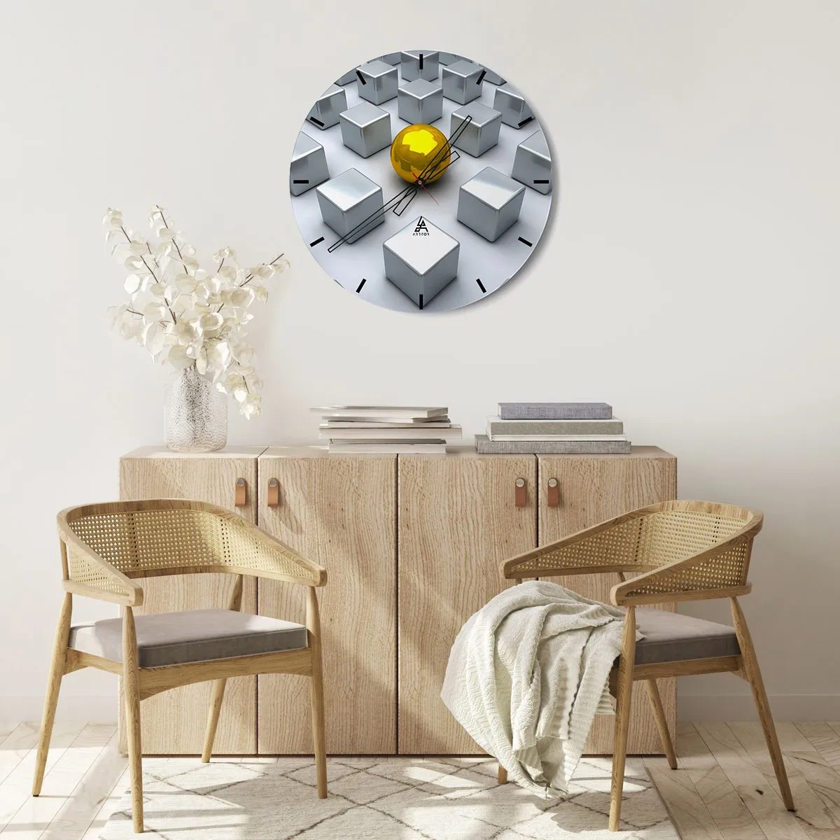 Väggklocka - Klocka på glas - En gyllene boll bland silverkuber - 30x30cm - Varför jag? Geometrisk komposition - Modern väggdekoration för vardagsrum, kök och sovrum ARTTOR