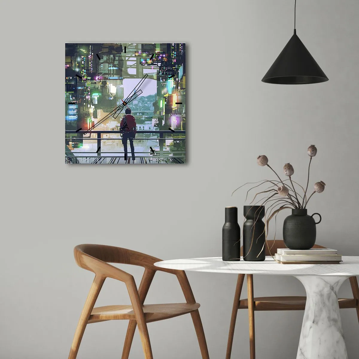 Väggklocka - Klocka på glas - Två världar - 30x30 cm