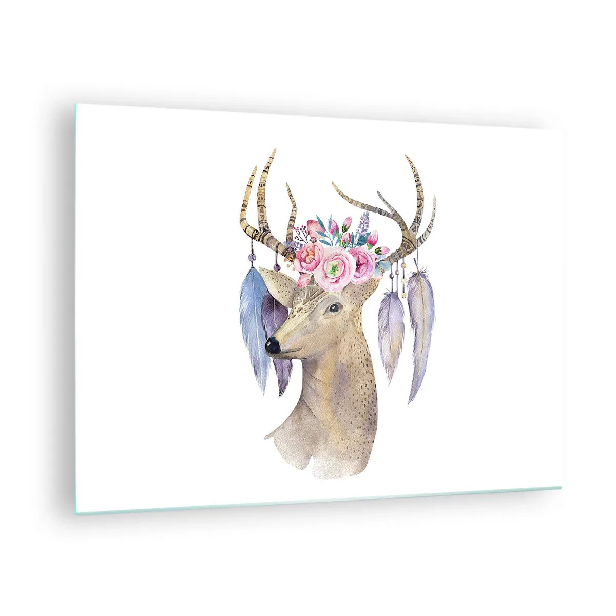 Glastavla - Bild på glas - Hjort med blomsterkrans och fjädrar - 70x50cm - Själguide - delikat, oskyldig - Modern väggdekoration för vardagsrum och sovrum ARTTOR