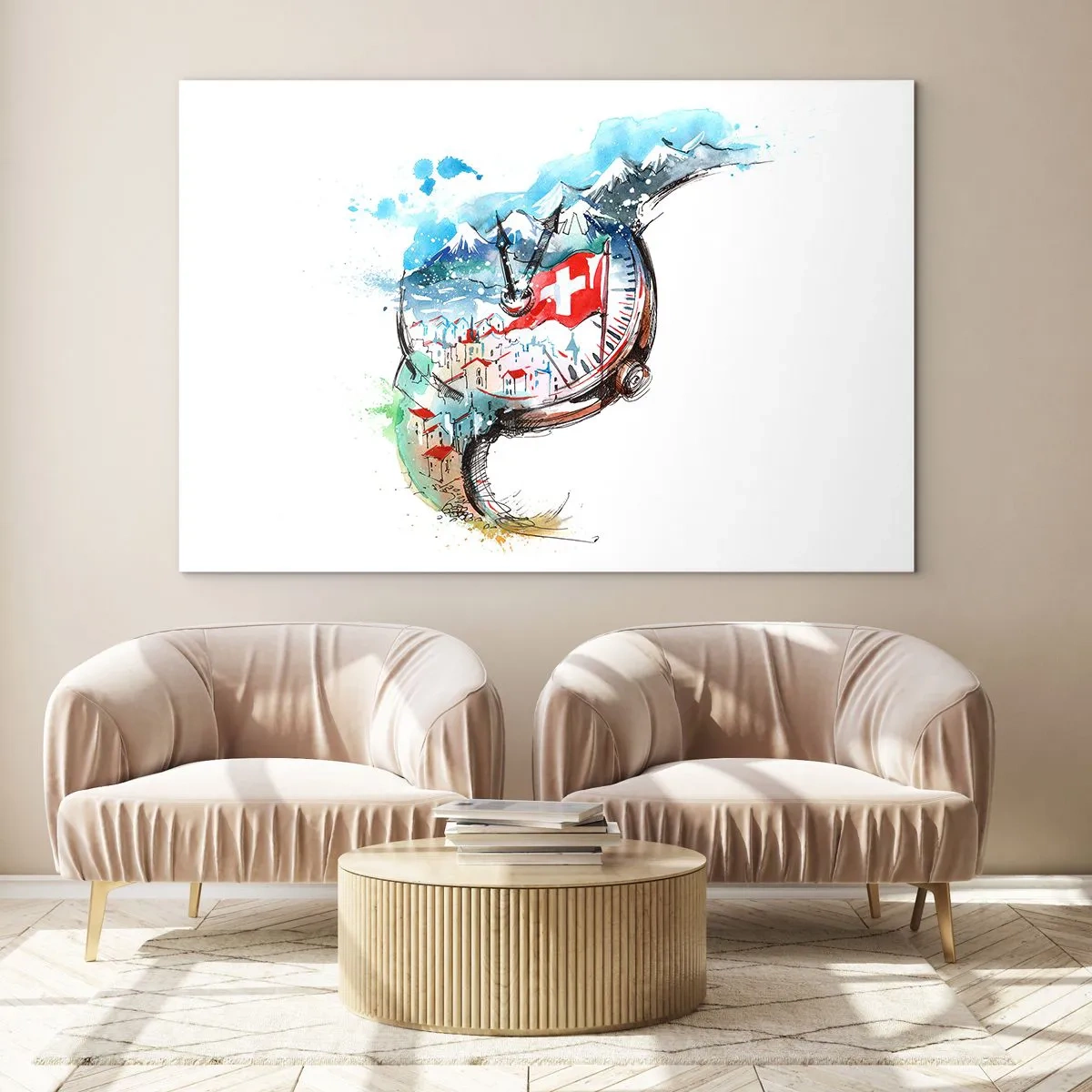 Glastavla - Bild på glas - Akvarellmålning av ett schweiziskt landskap med en flagga och en klocka - 70x50cm - Schweiz anda - Modern väggdekoration för vardagsrum och sovrum ARTTOR
