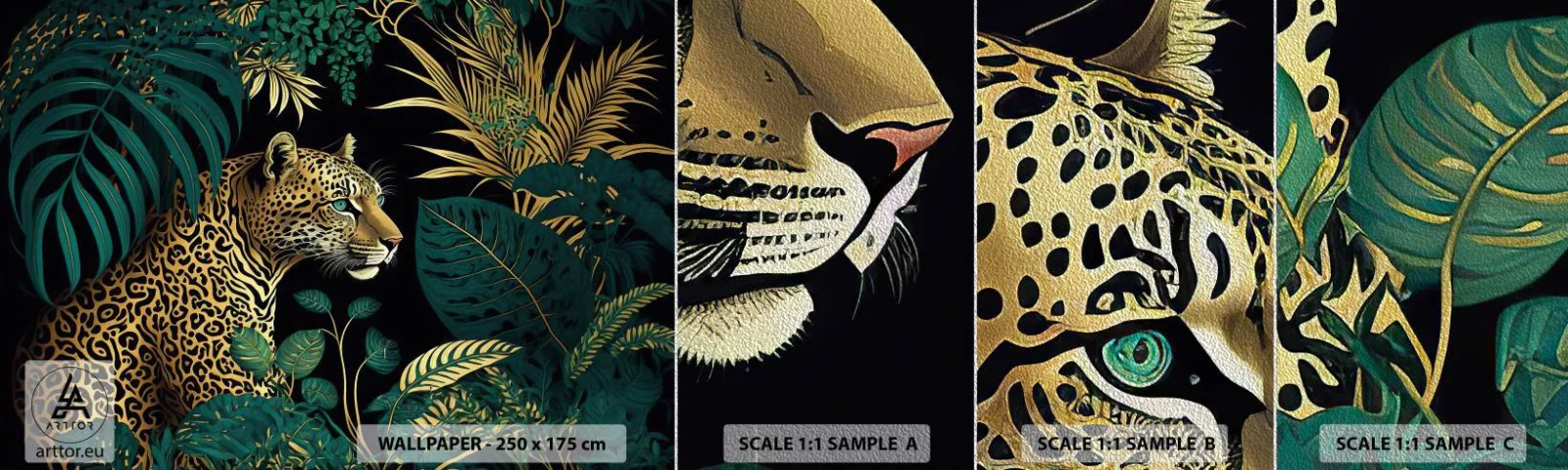 Provbit av fototapet Premium Sand - Värden i djungeln - leopard, Djungel, Tropisk - 100x30 cm