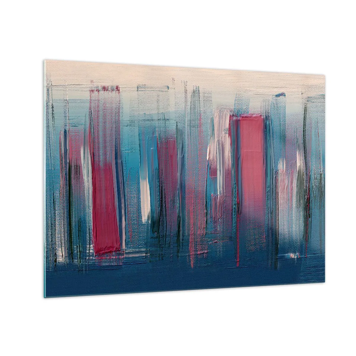 Glastavla - Bild på glas - Vertikala penseldrag i rött och blått mot en beige bakgrund - 70x50cm - Vertikal komposition i blått och rött - Modern väggdekoration för vardagsrum och sovrum ARTTOR