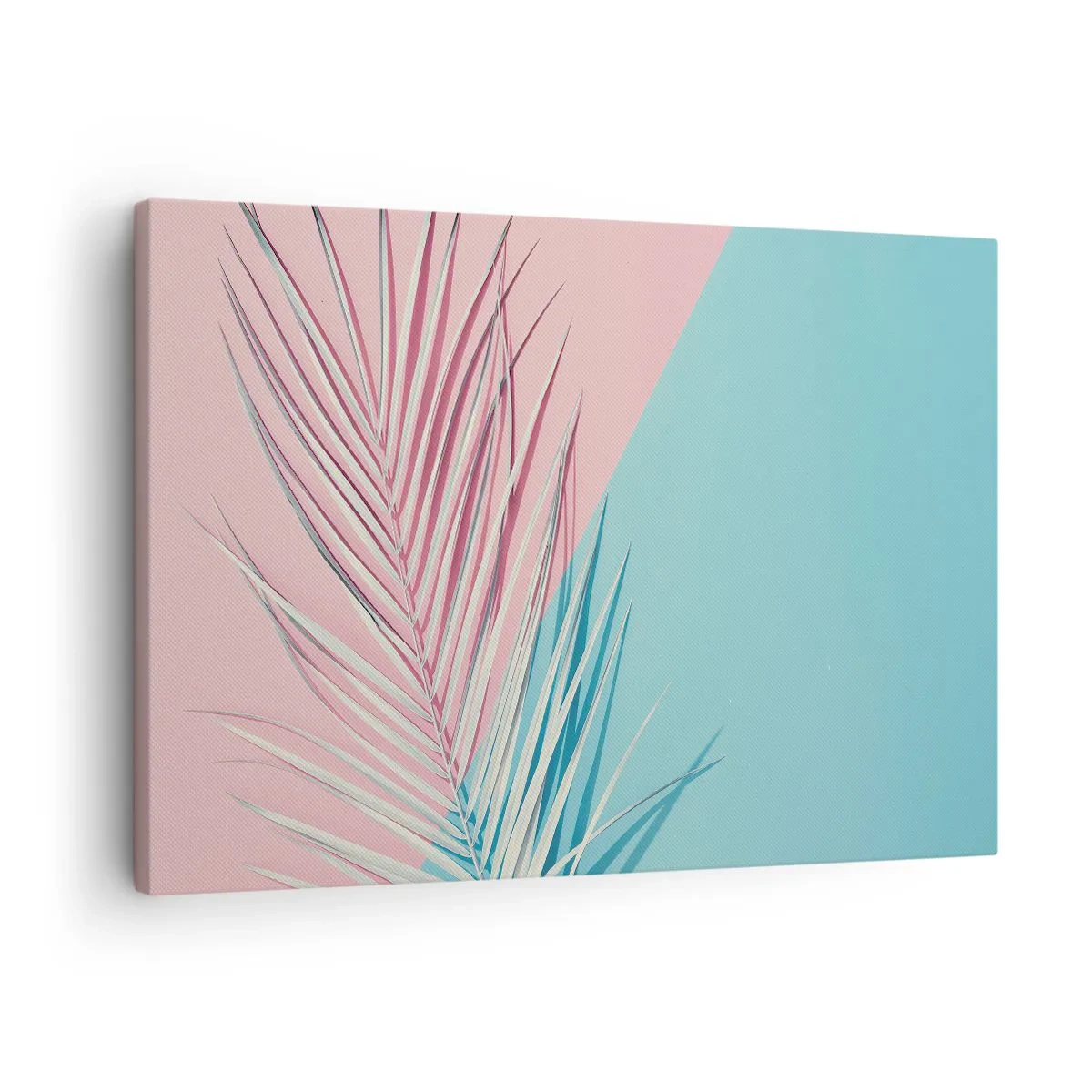Canvastavla - Bild på duk - Tropiskt löv mot en bakgrund av pastellfärger av rosa och blått - 70x50cm - Tropisk impression - Modern väggdekoration för vardagsrum och sovrum ARTTOR
