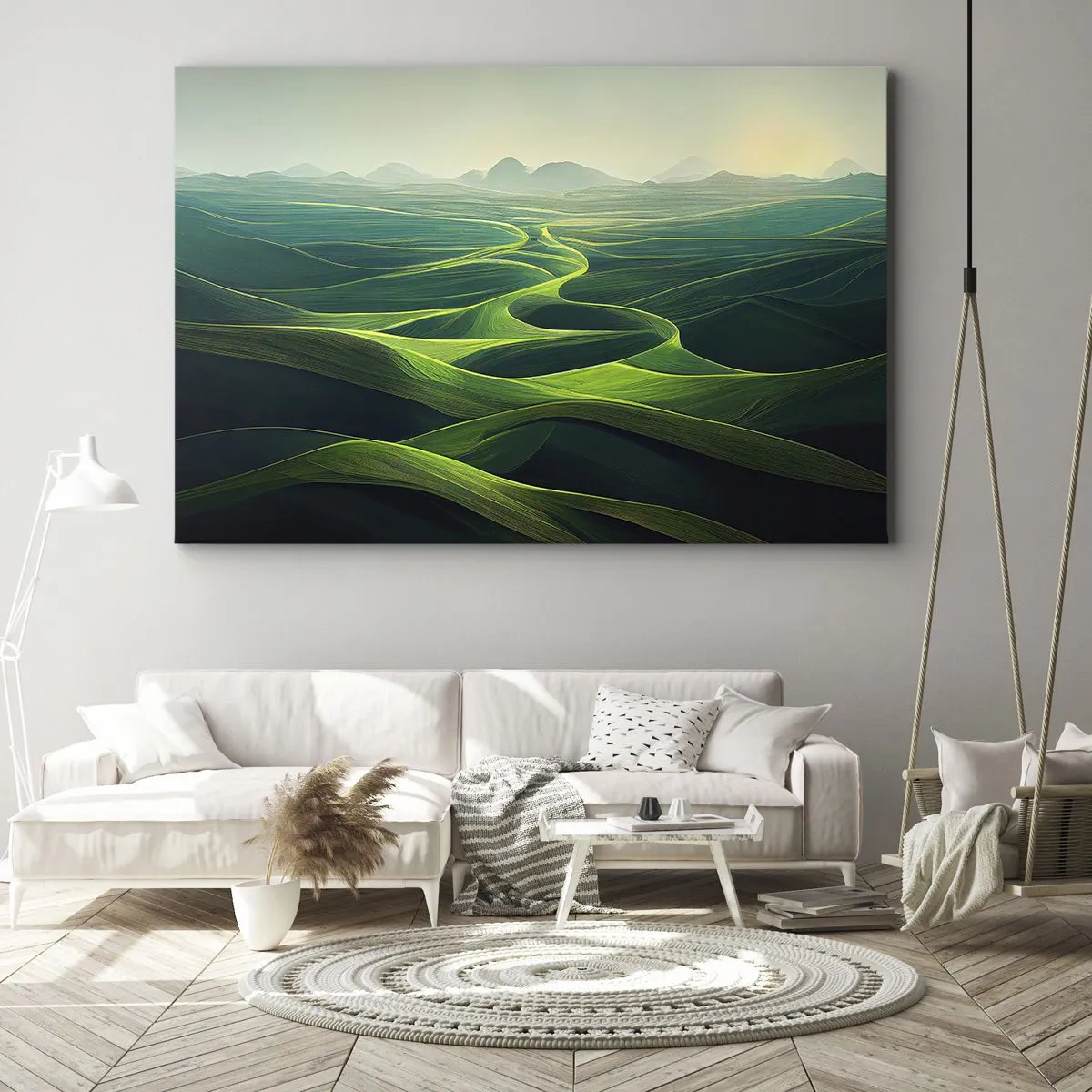 Canvastavla - Bild på duk - Gröna kullar med böljande stigar - 70x50cm - I gröna dalar - Modern väggdekoration för vardagsrum och sovrum ARTTOR