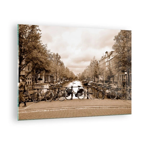 Glastavla - Bild på glas - Amsterdambron med retrocyklar - 70x50cm - Holländsk stämning - Modern väggdekoration för vardagsrum och sovrum ARTTOR