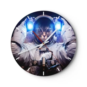 Väggklocka - Klocka på glas - En katt i astronautdräkt med ett blått ljus i bakgrunden. - 30x30cm - Houston, ni har problem - Modern väggdekoration för vardagsrum, kök och sovrum ARTTOR