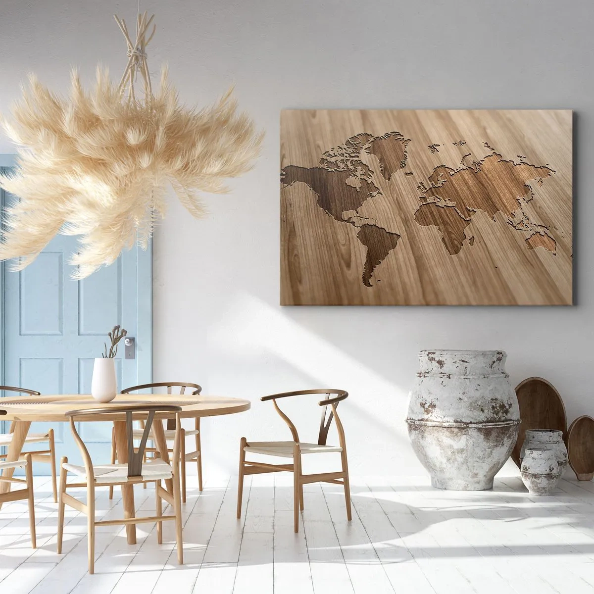 Canvastavla - Bild på duk - En världskarta utskuren på en träyta - 70x50cm - Världen serverad på bordet - Modern väggdekoration för vardagsrum och sovrum ARTTOR